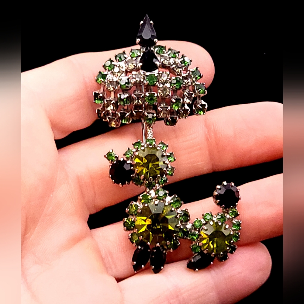 Alice Caviness Vintage Poodle Umbrella Brooch Green Rhinestone Figural